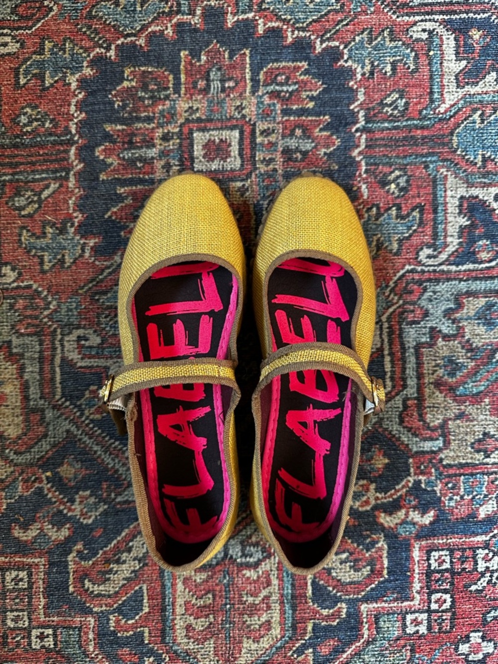 Yellow Mary Jane Flats with Pink Insole